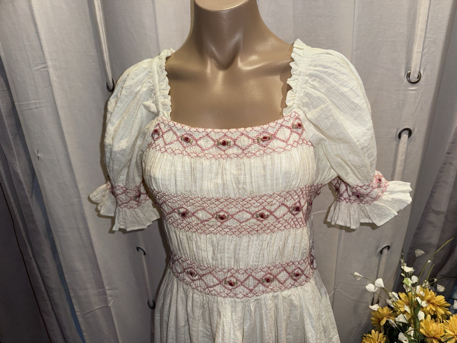 Ivy City Co. Embroidered Smocked Midi Dress Medium Ivory Romantic Cottagecore