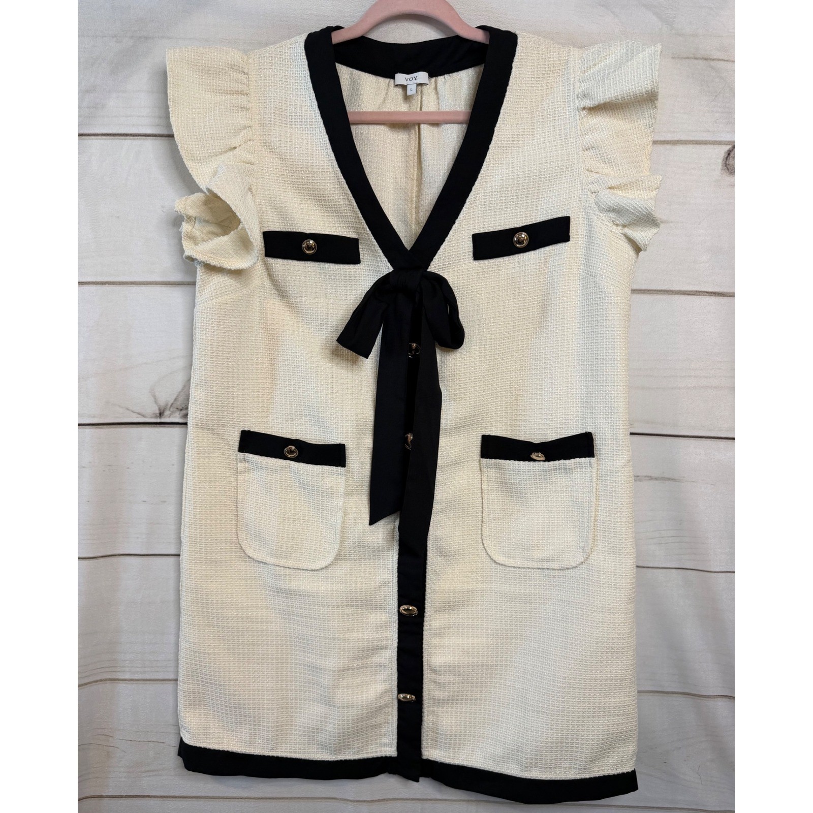 Voy Womens Tweed Mini Dress Cream Black Ruffle Sleeve Bow Gold Button Size L