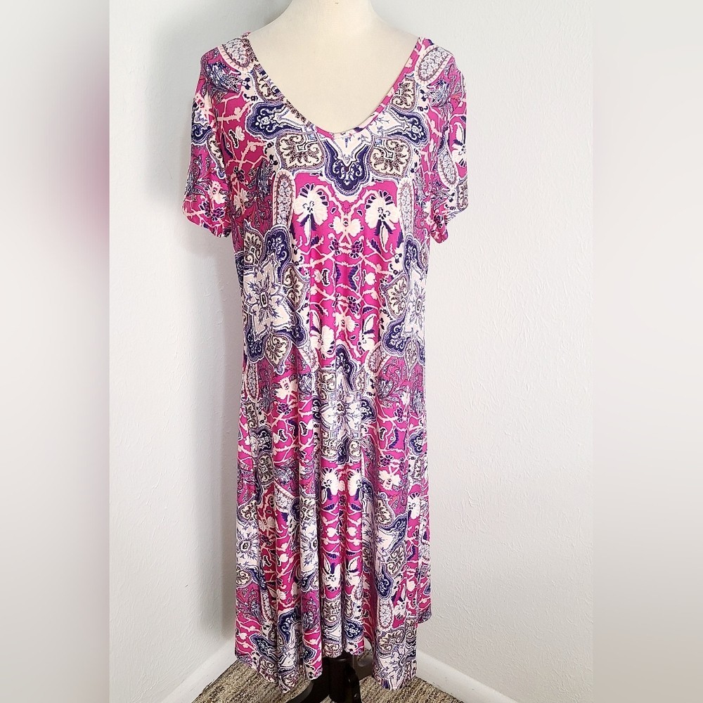 New Directions Pink & Navy Blue Paisley Midi-Dress, Cut-out in Back, Size 1X
