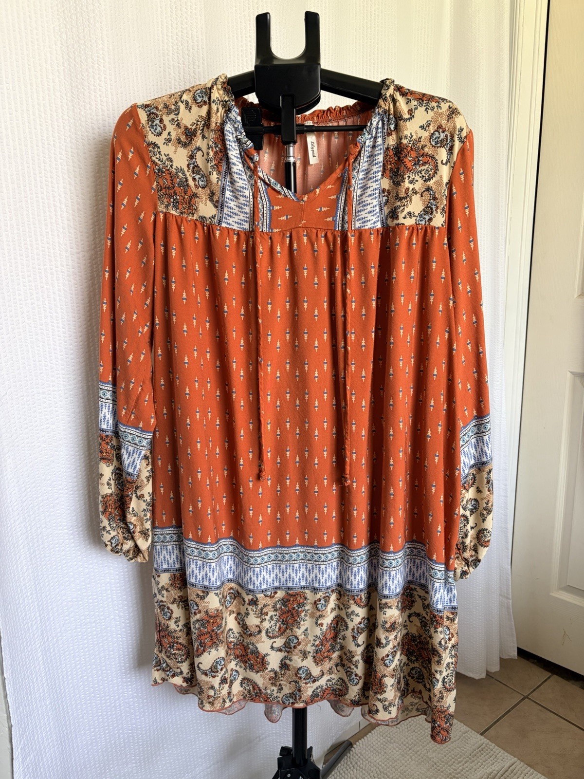 Lily Pad Orange/rust/blue/paisley puff 3/4 sleeve Tie Boho shift Dress L