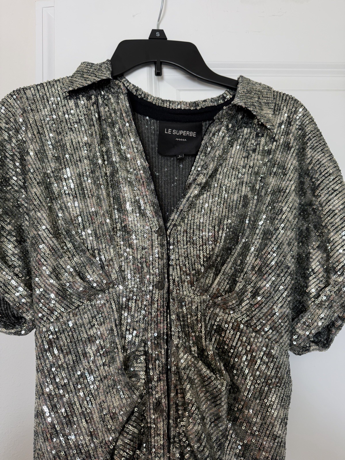 Le Superbe S Silver/Black Sequin Mesh Collared Button Front Maxi Long Dress