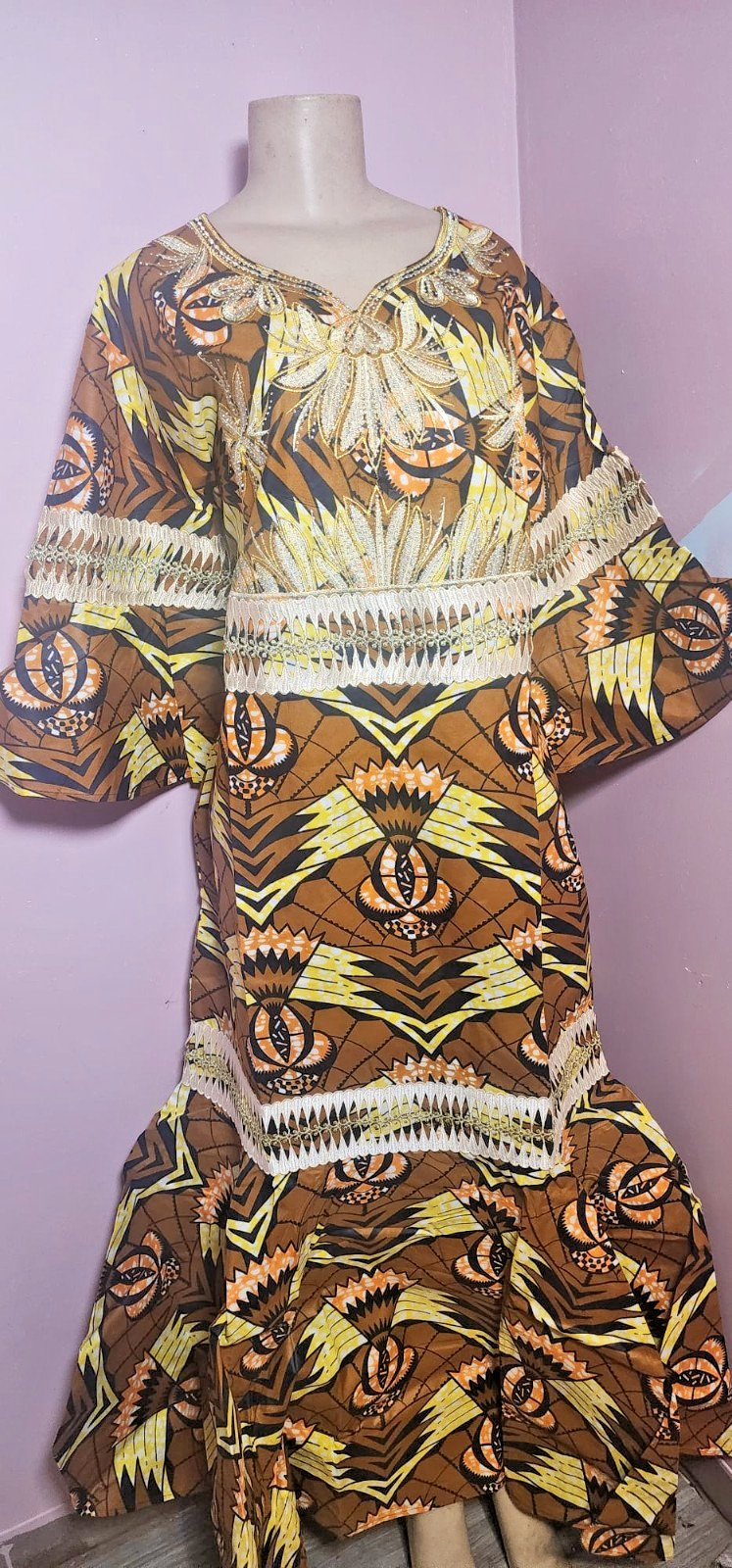 African Ankara Wax Print Maxi Boubou Dress |Handcrafted| Brown & Gold Geometric