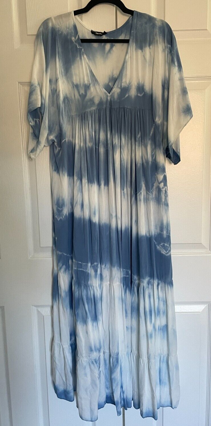 $78 Venti6 Casual Blue Tie Dye V-Neck Kaftan Dress for Beach, Travel-Size Small