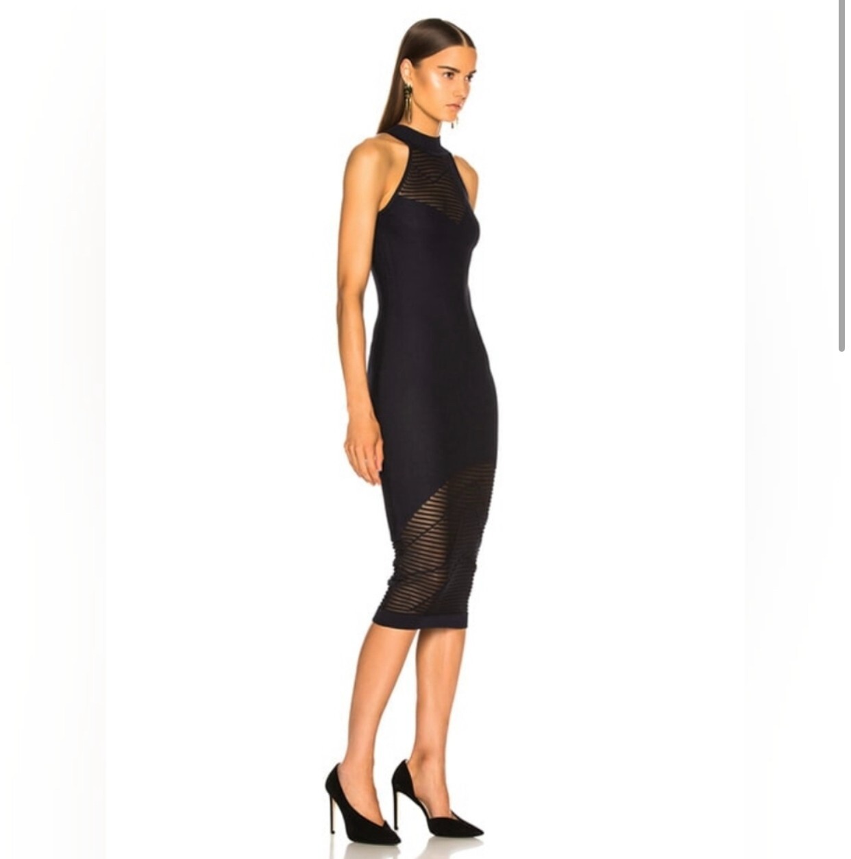 CUSHNIE ET OCHS Dark Navy Halter Mock Neck Stretch Knit Sheer Midi Dress S = 4/6