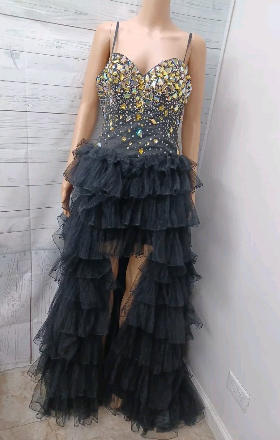 Y2K DAVE & JOHNNY Hi Low Tiered Ruffles Tulle Beaded Prom Maxi Dress Sz 5/6