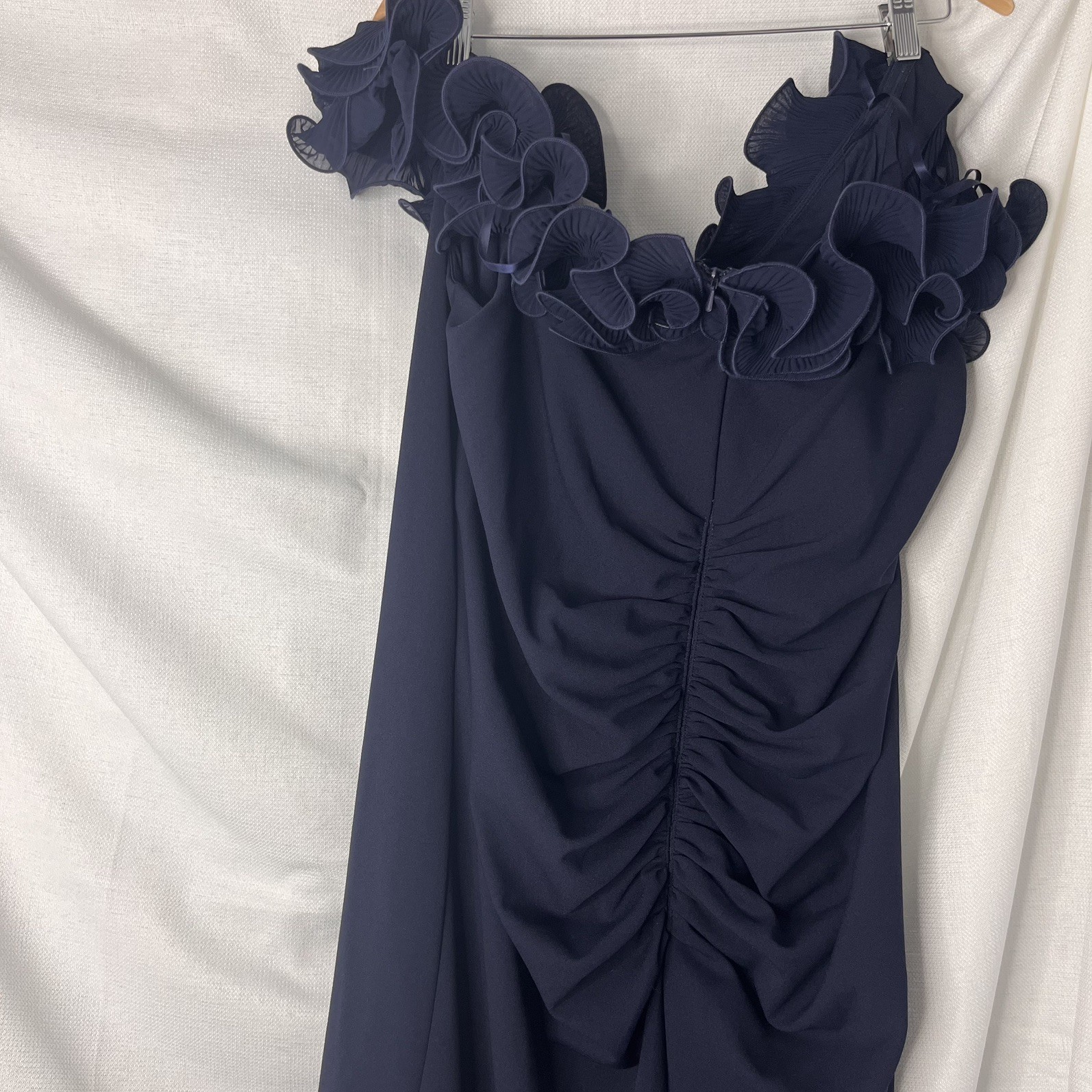 Xscape Navy Blue Ruffle Off the Shoulder Crepe Column Gown Dress Size 18