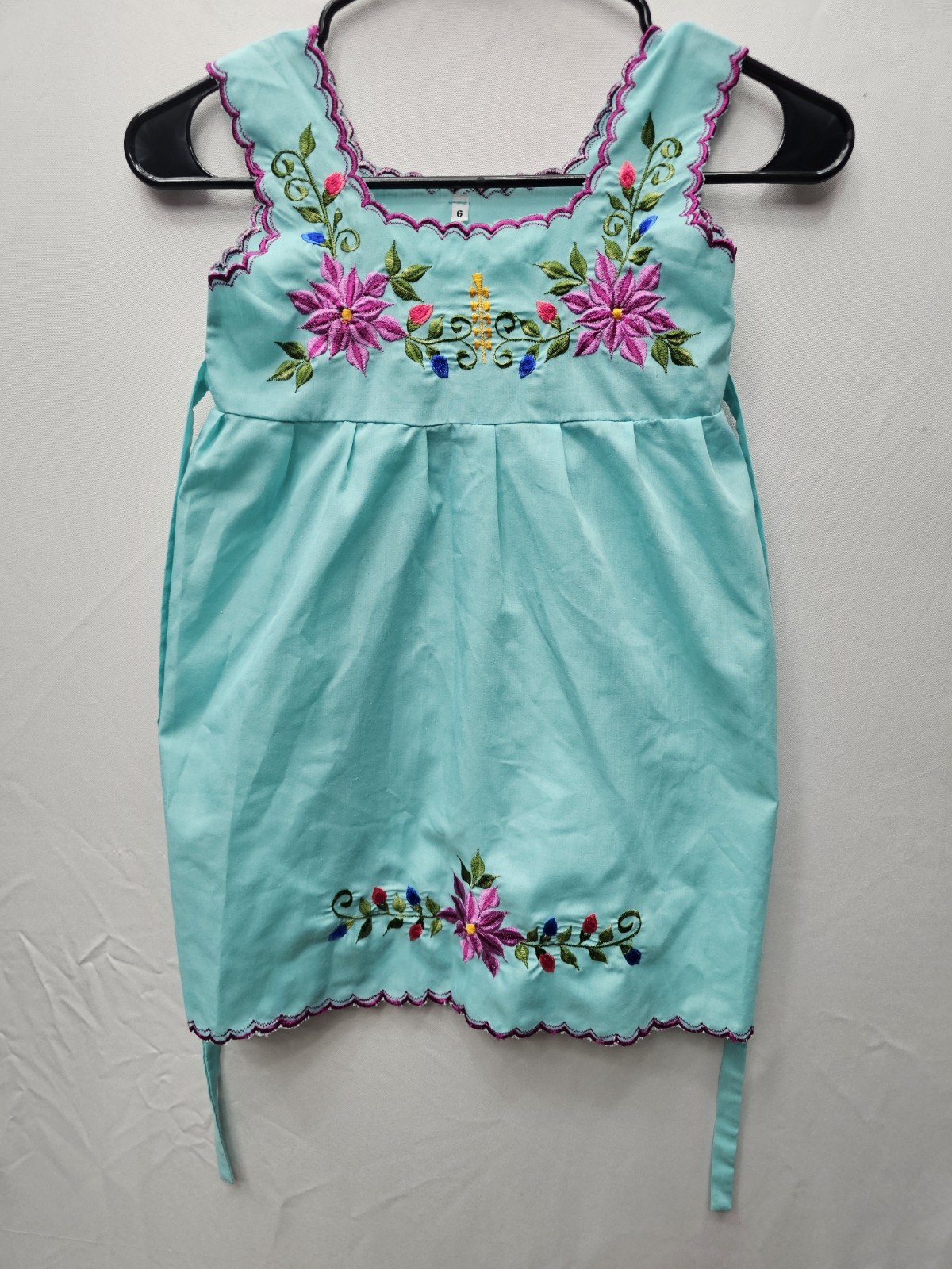 Mexican Dress Oaxacan Hand Embroidered Blue Cotton Colorful Embroidery SZ 6 Girl