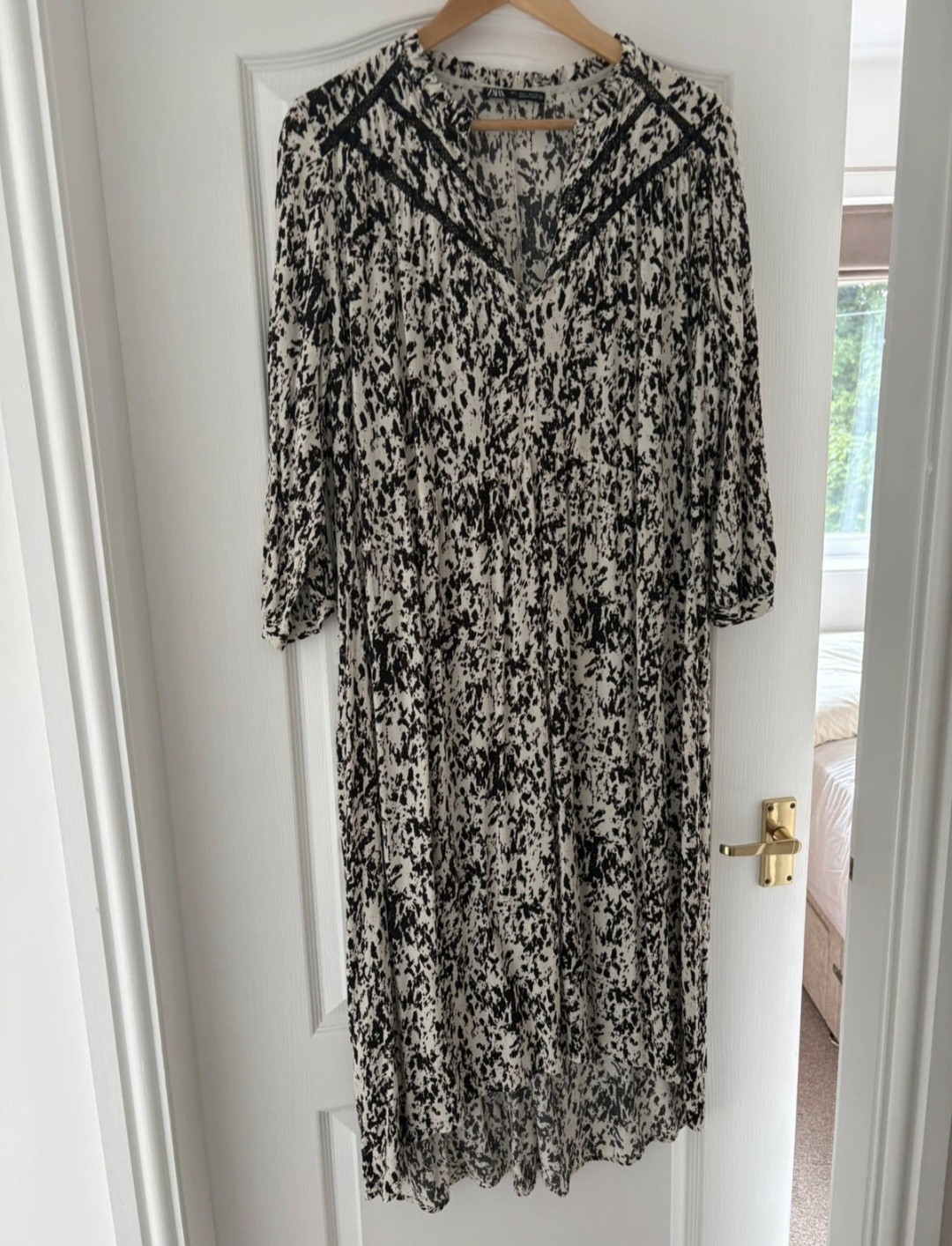 ZARA Printed Dress With Lace Medium M Midi Holiday Assymetric Hem Boho Tunic