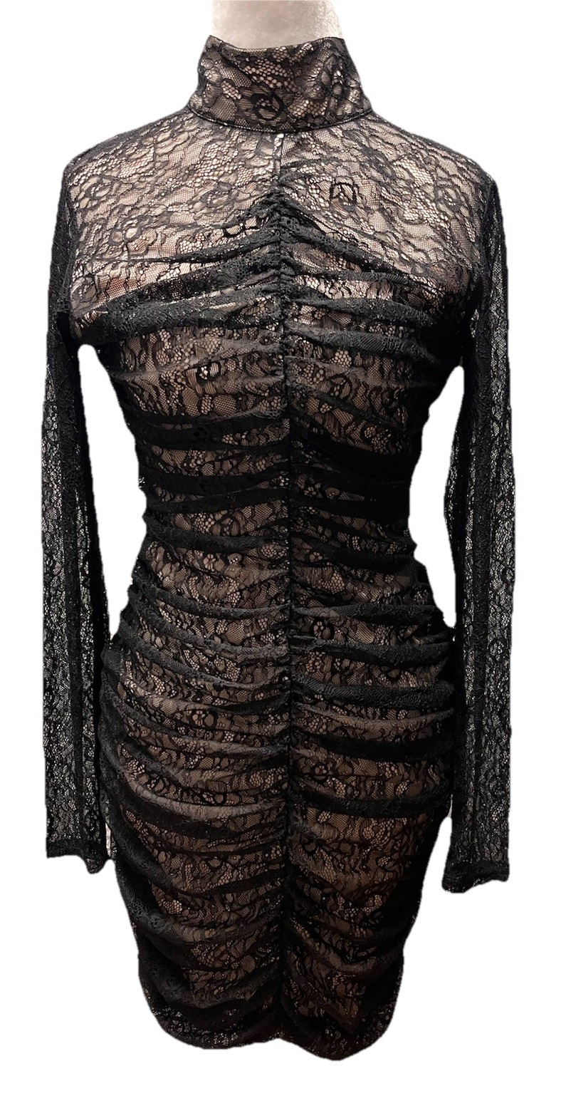 Black Lace Naked Dress Ruched Bodycon Whimsigoth Back Cutout Sexy Dark Romantic