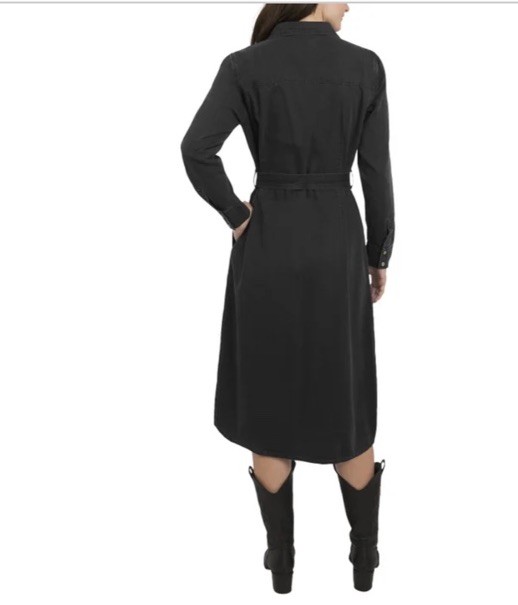 Women’s Black Solid Shirt Dress S Long Sleeve Button Belted Pockets Midi