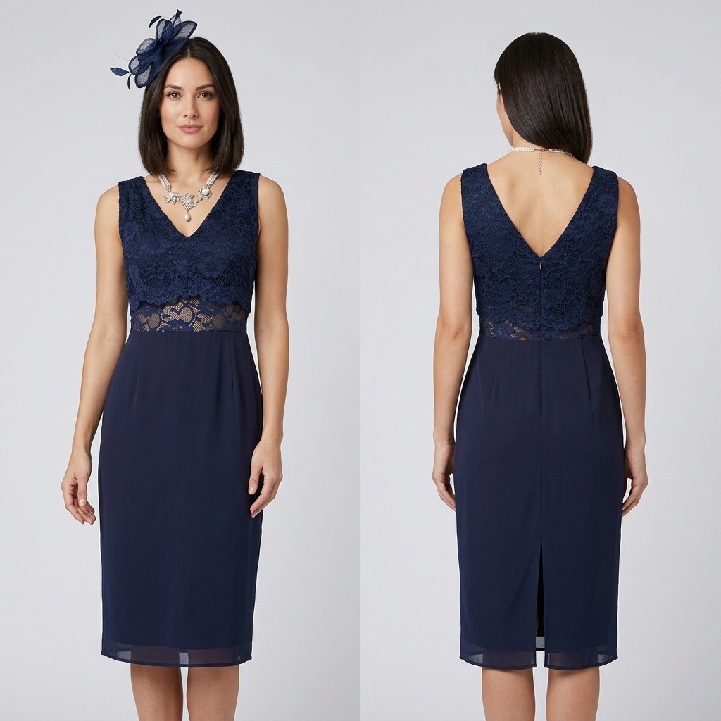 Elise Ryan navy lace detail sleeveless lace detail knee length dress size 10
