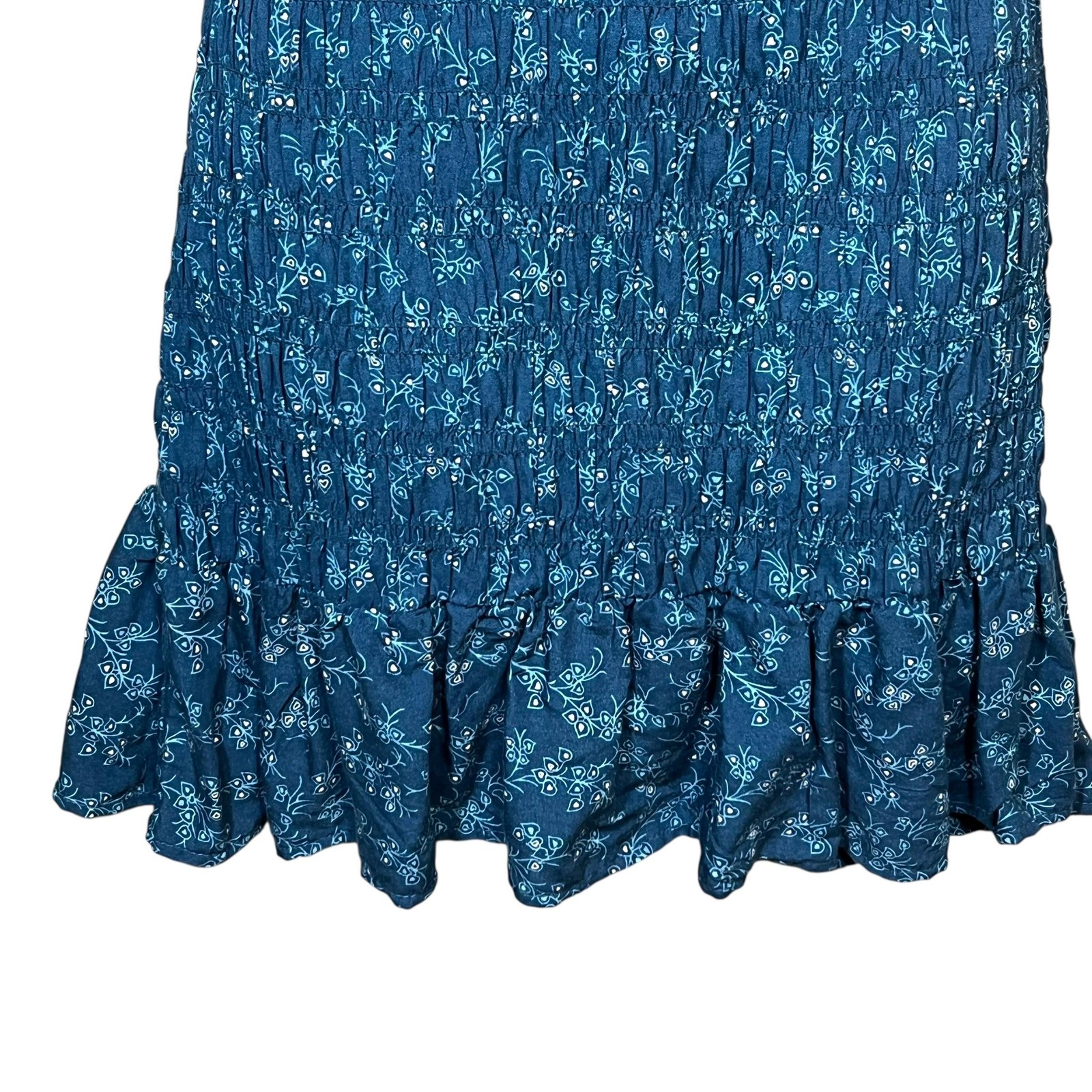 Liberty Love Mini Dress Womens Large Blue Ruffle Mini Floral Smocked Cap Sleeve