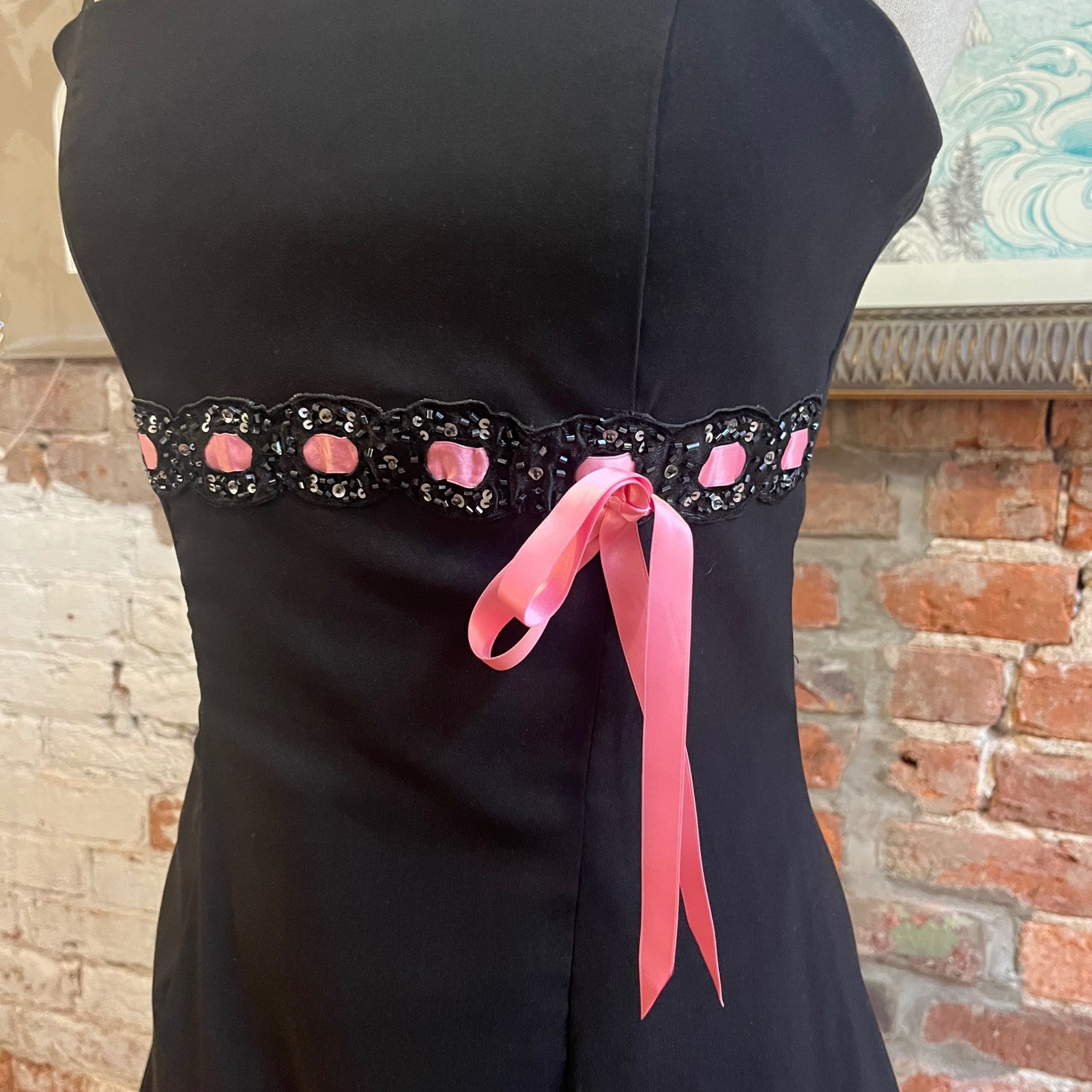 Pulse Y2k Black Pink Ribbon Beaded Empire Waist Mini Dress Tulle Bow – Large