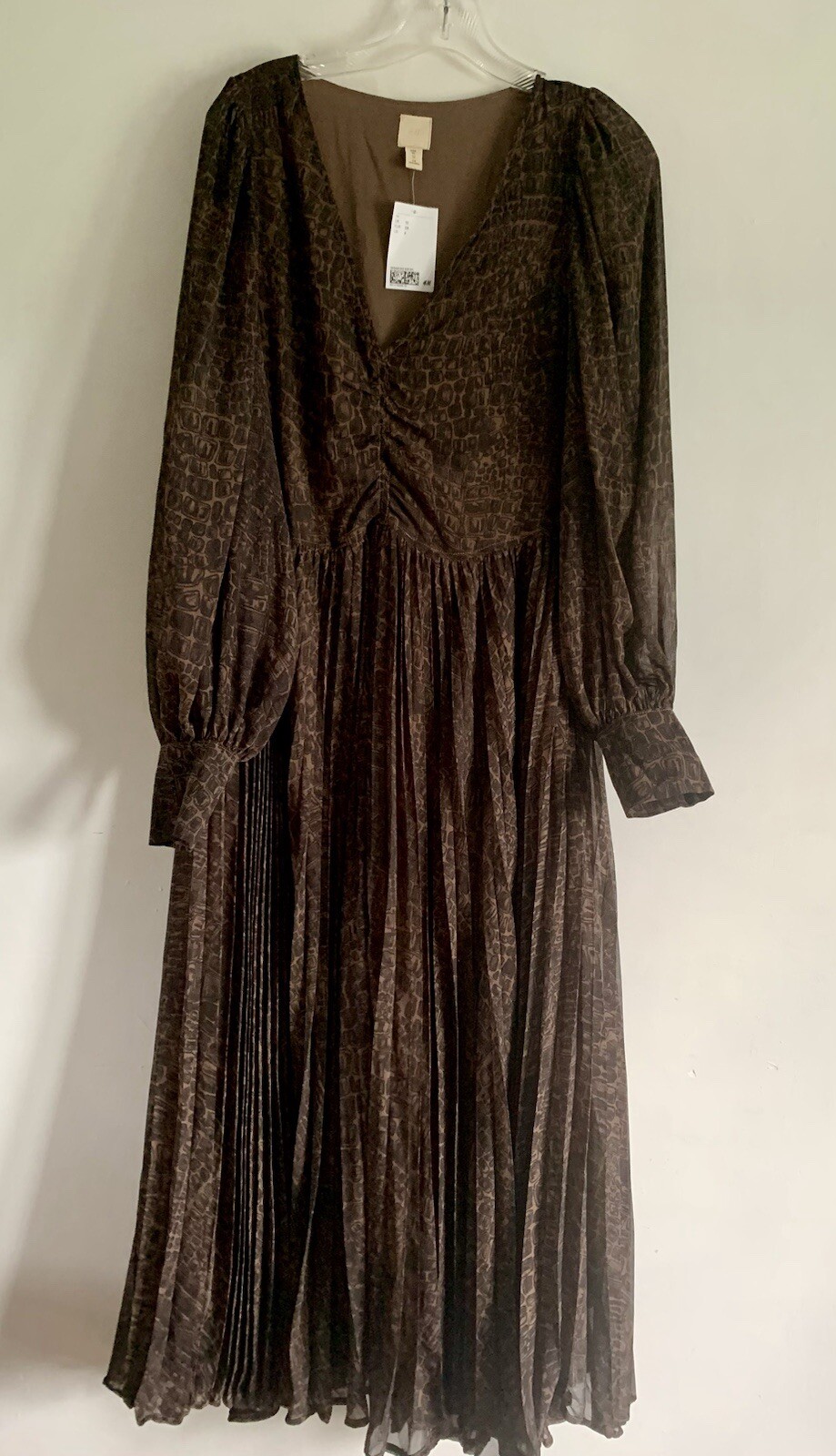 BNWT HM BLACK & BROWN CROCODILE PRINT LONG SLEEVES PLEATED MAXI DRESS SIZE: 10