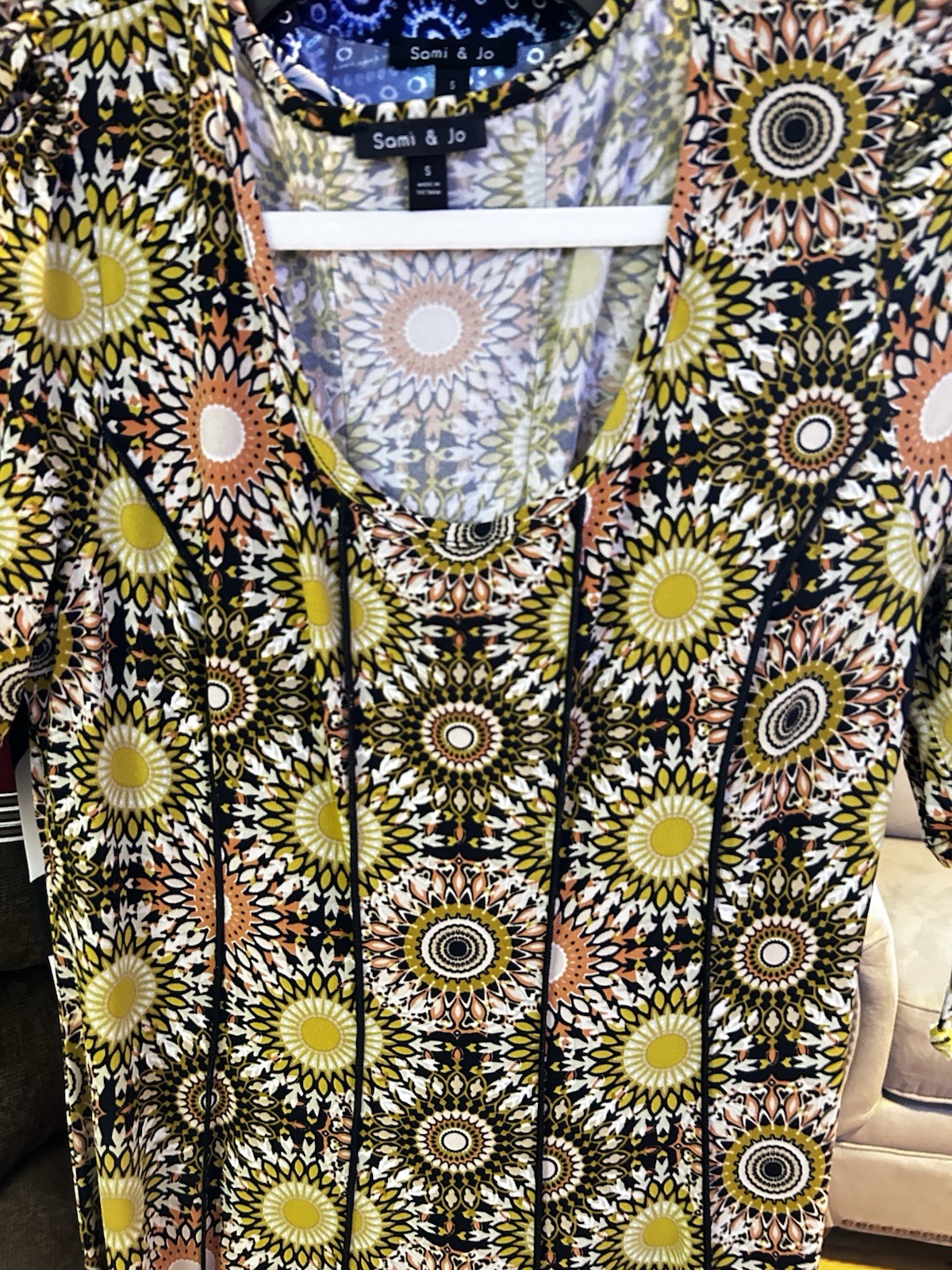 NEW Small Maxi Medallion Print womans Dress Wrinkle Free flowy Stretchy Yellow
