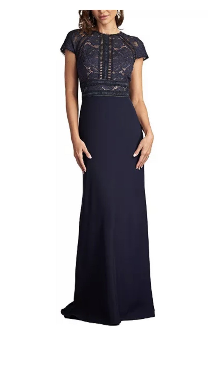 Tadashi Shoji Catrine Lace Bodice , Crepe Gown, Navy, Sz 14,New