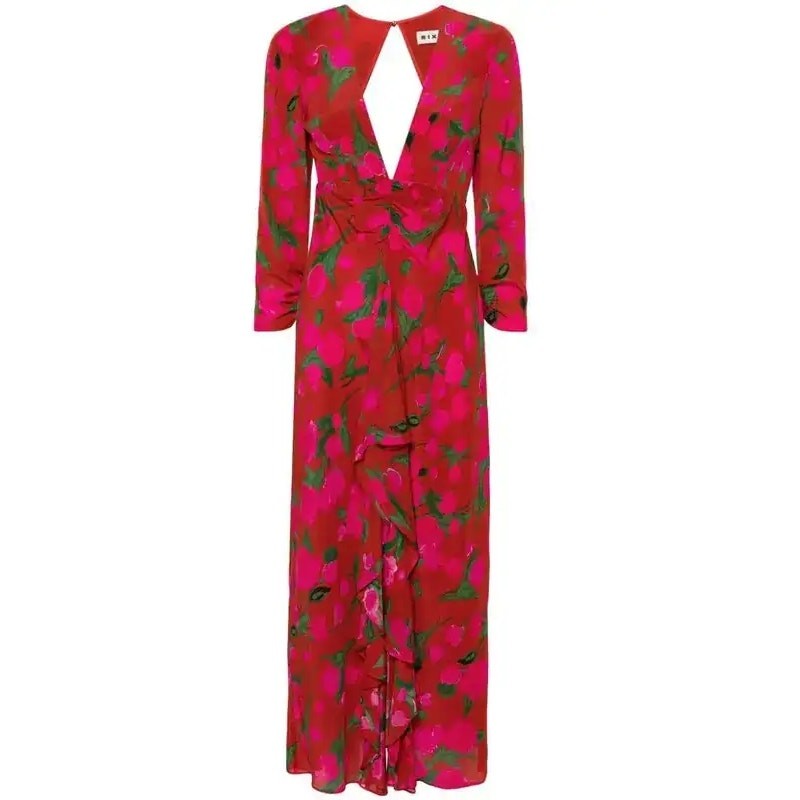 RIXO Silk Ruffled Rose Printed Open Back Maxi Dress 6