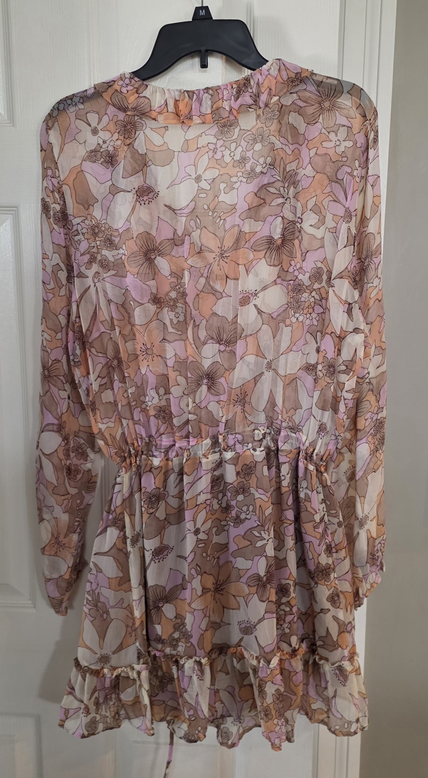 For Love & Lemons Pink Neutral Floral Sheer Mini Drawstring Waist Dress Large