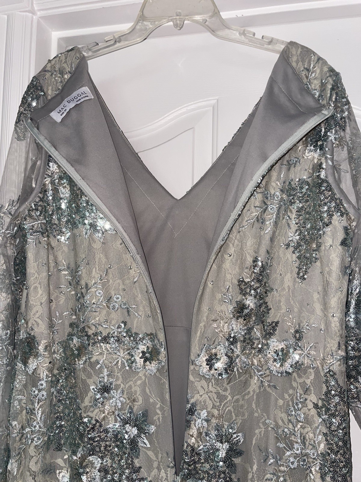 Mac Duggal V Neck Illusion Long Sleeve Embellished Evening Gown Seamist Size 20
