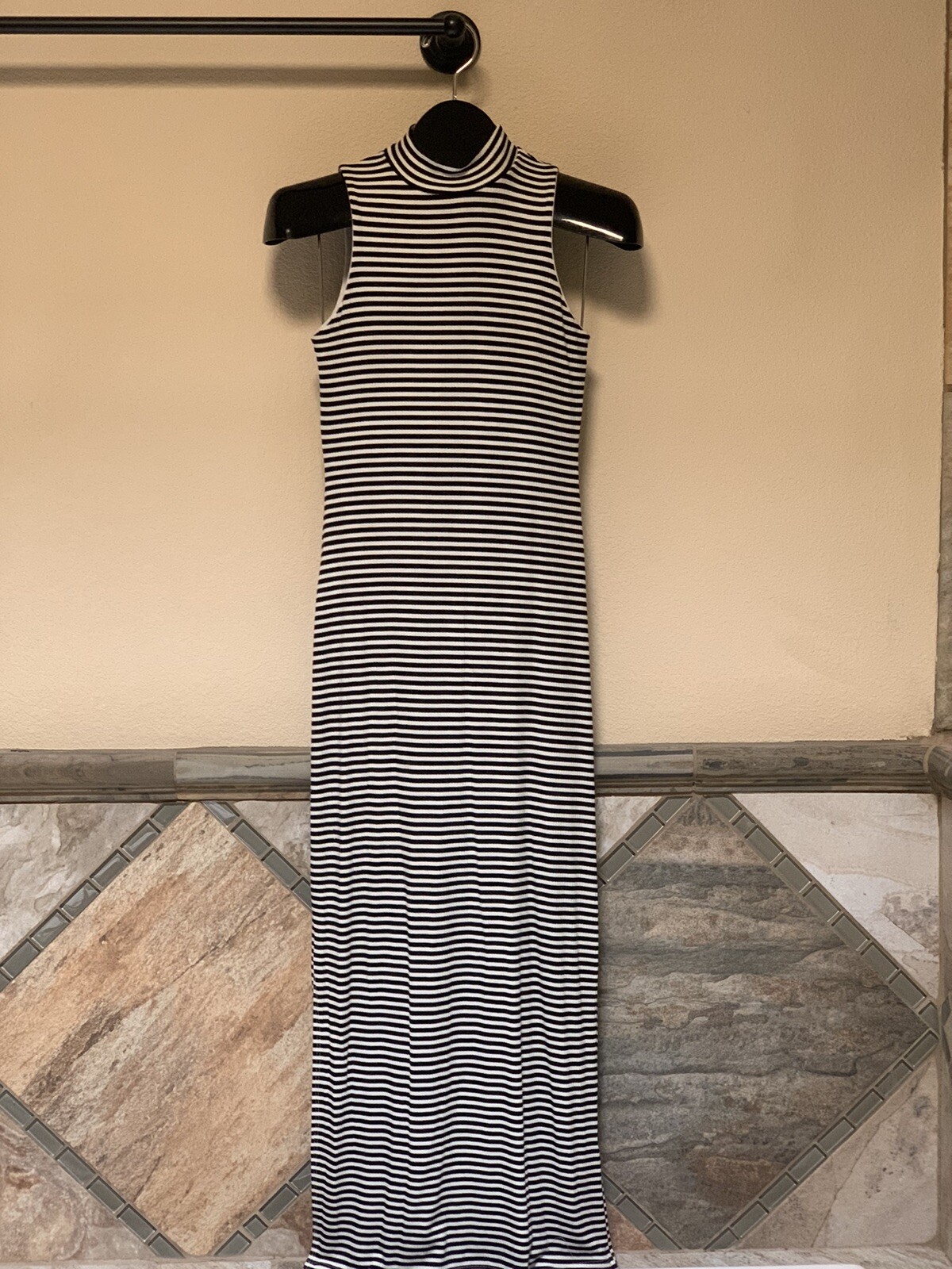 Velvet Torch Black White Striped Maxi Dress Size XS Lined Mock Neck Side Slit