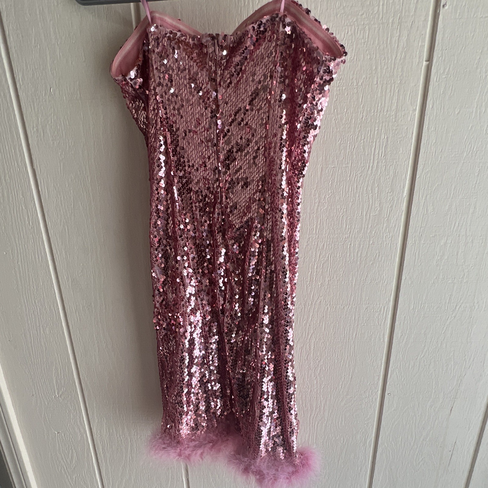 Kouture Marchi Pink Sequin Feather Hem Sweetheart Bodycon Mini Dress, M