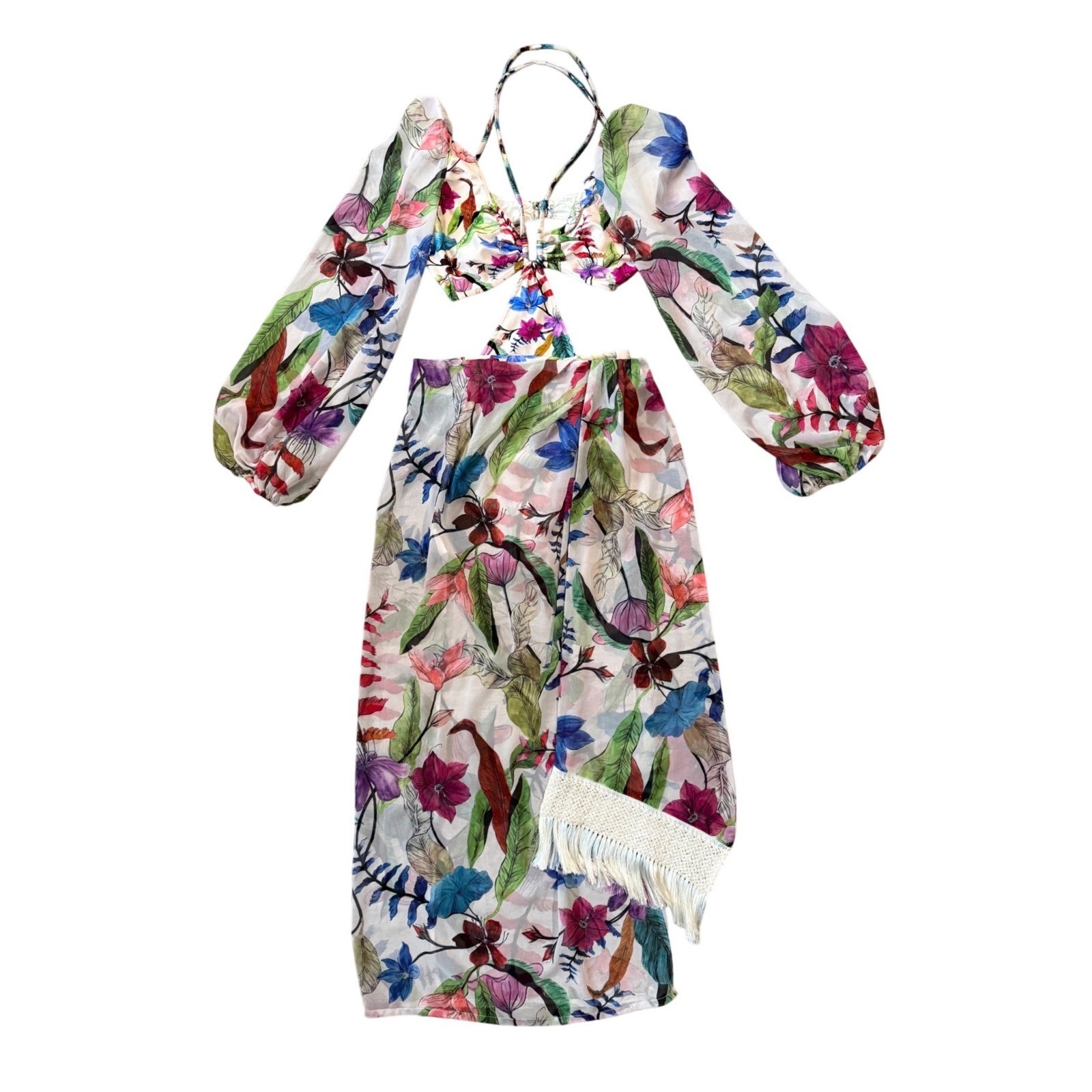 PatBO Zamia Floral Cut Out Bodysuit & Fringe Pareo Skirt Set US L/6 Beach Dress