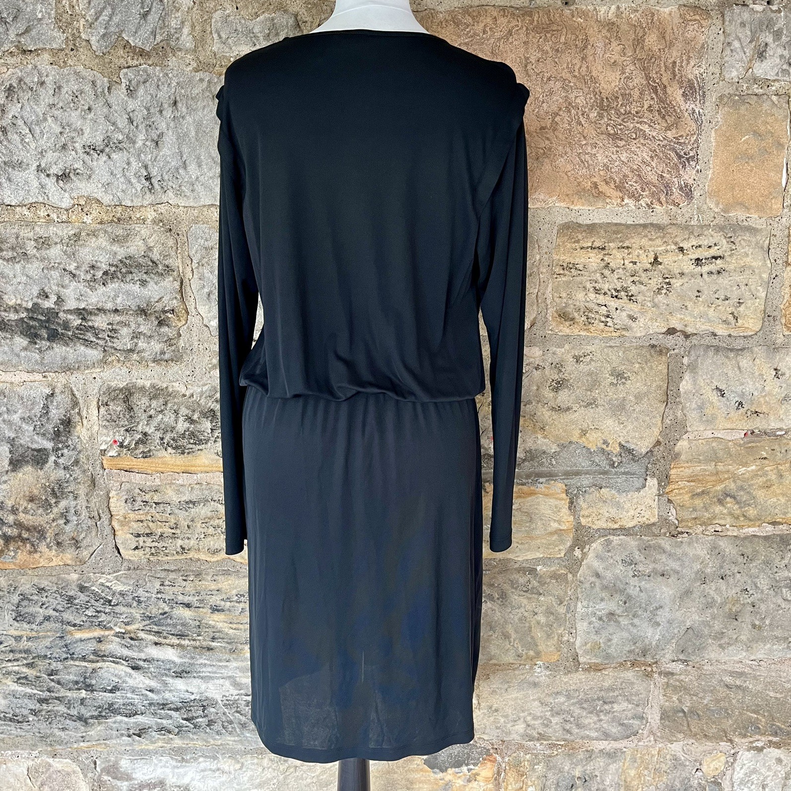 Filippa K Keyhole Neck Dress M 12 Pleat Shoulder Knee Length Long Sleeve Black