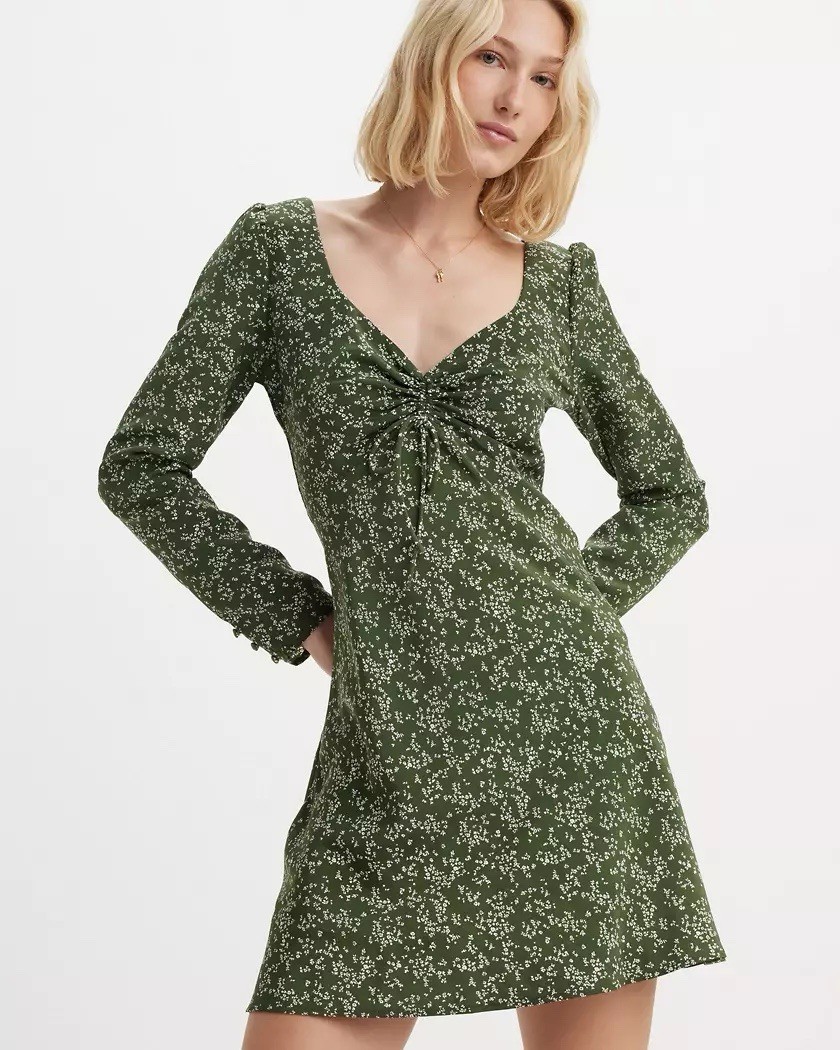 Levi’s Mana Long Sleeve Mini Dress, Lightweight Olive Green Floral, Size M