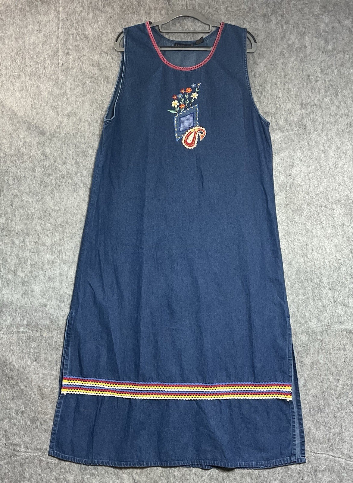 New Directions Dress Womens Large Blue Embroidered Sleeveless Maxi Cottage Boho