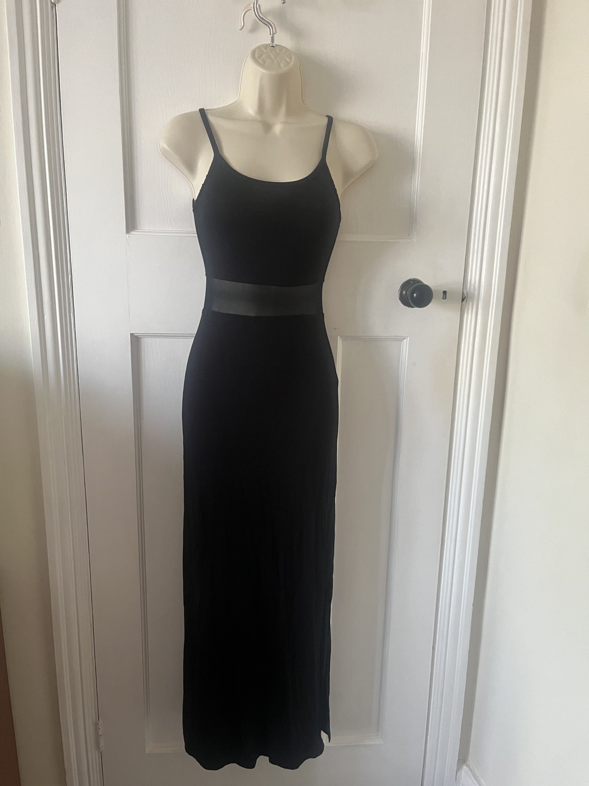 Miss Selfridge Petites Black Mesh Strappy Back Maxi Dress with Split Size 4