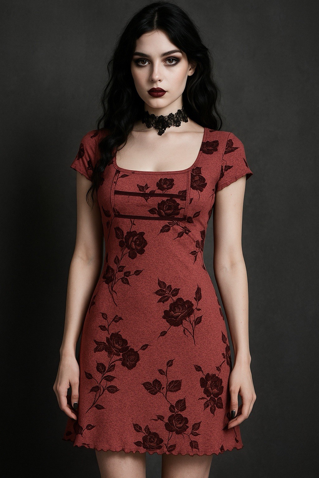 Y2K Goth Women’s Small Red Velvet Rose Floral Dress Square Neck Bodycon Romantic