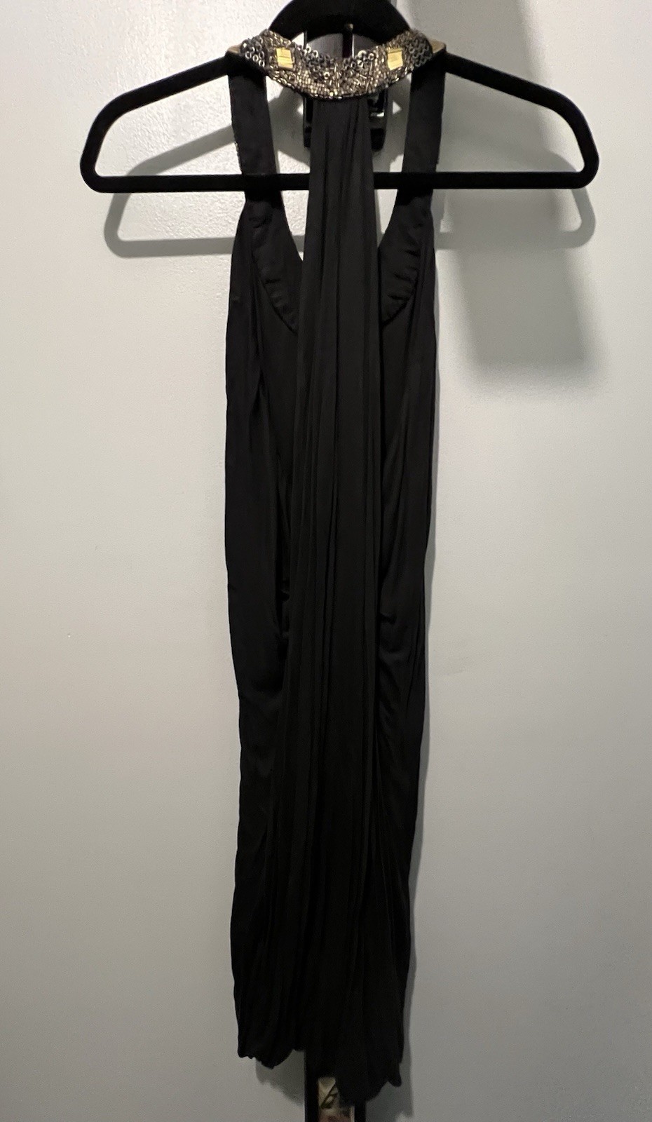 Badgley Mischka Solid Black Beaded Pleated Halter Maxi Dress XS Viscose