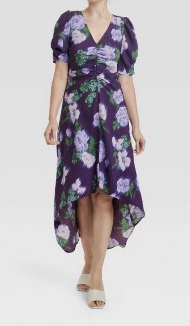 Crepe High-Low Midi Dress Navy Floral Womens Medium Puff Short Sleeve NEW