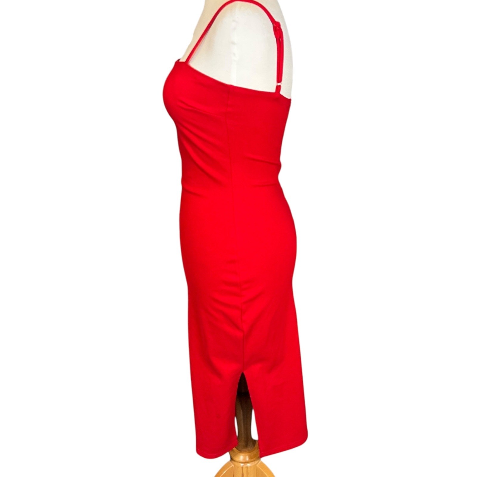 Sexy Red Bodycon Midi Dress Spaghetti Strap Gold Zipper Date Night Holiday Glam