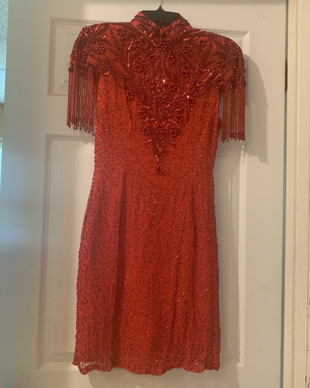 Red M Sheath Dress High Neck Cap Sleeve Beaded Sequin Fringe Knee Zip