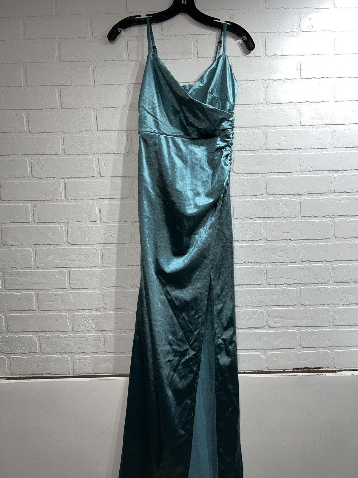 NEW! ADYCE Ruched Split Thigh Sating Formal Dress Gown BLUE Size XS
