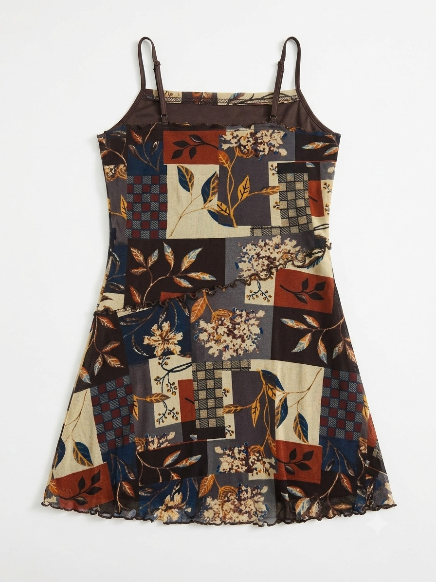 Floral Print Mini Dress Mesh Patchwork Summer Sundress Cider