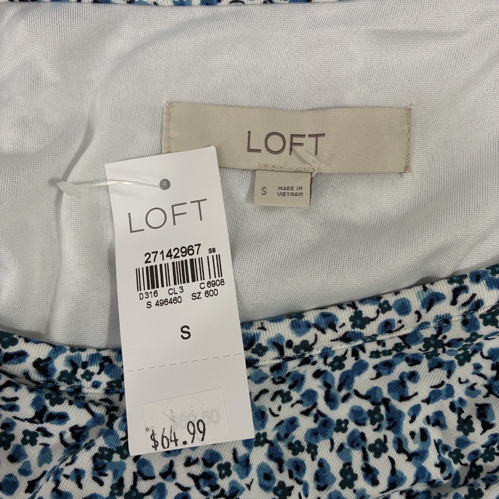 NWT Loft Womens Small White/Blue Stretch Twist Waist Casual Shirt Dress Classic