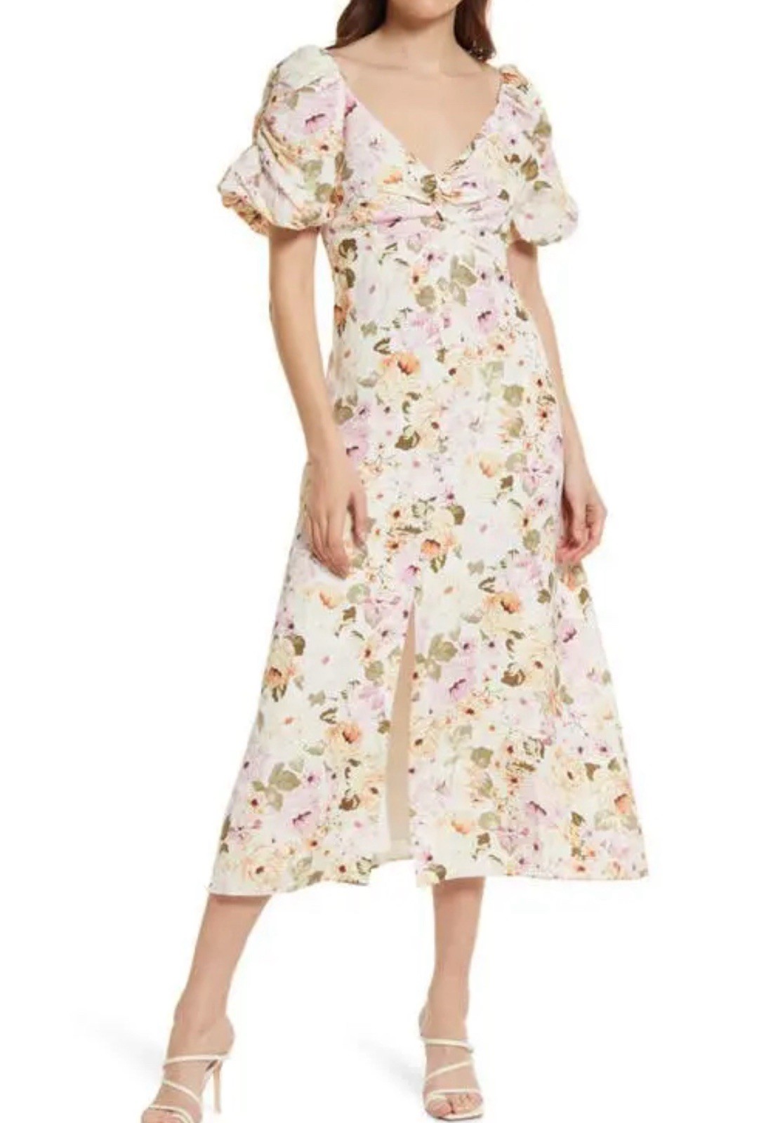 EVER NEW Blush Airlie Floral Linen Puff Sleeve Floral Midi Dress Sz 12