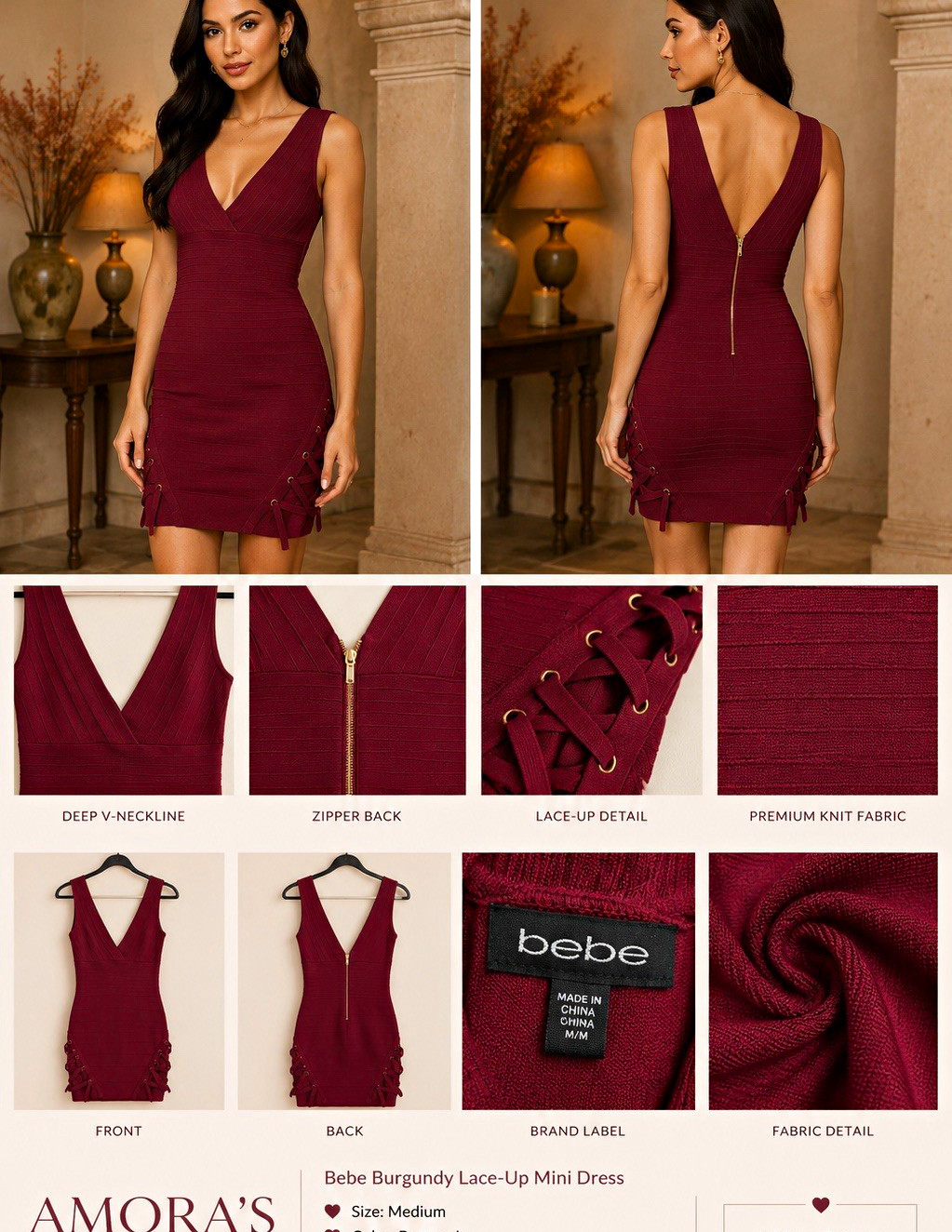 Bodycon Mini Dress V-Neck Sleeveless Lace-Up Zip Back Burgundy Size M