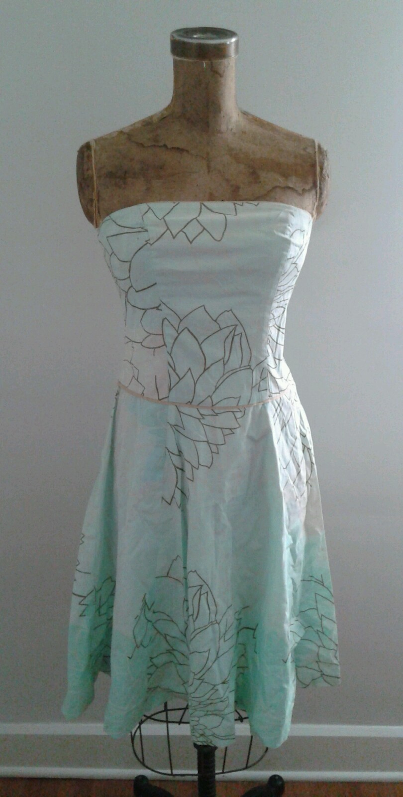 Anthropologie Bustier Dress w Full Skirt Mint Green Brown Leaf Print Sz 2