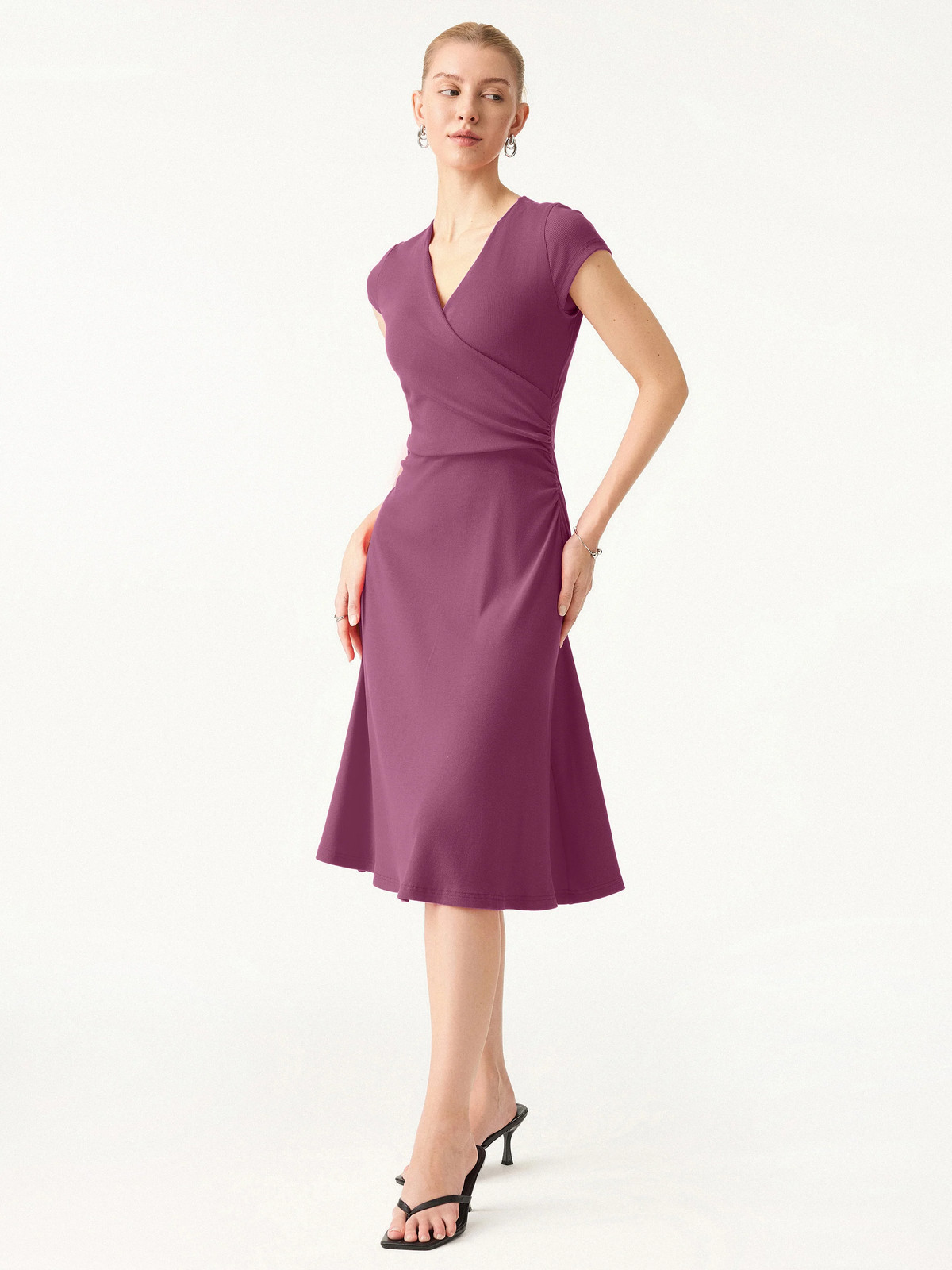 Stretch Cotton Surplice V-neck Cap Sleeve Midi Dress-OGLmove|118829