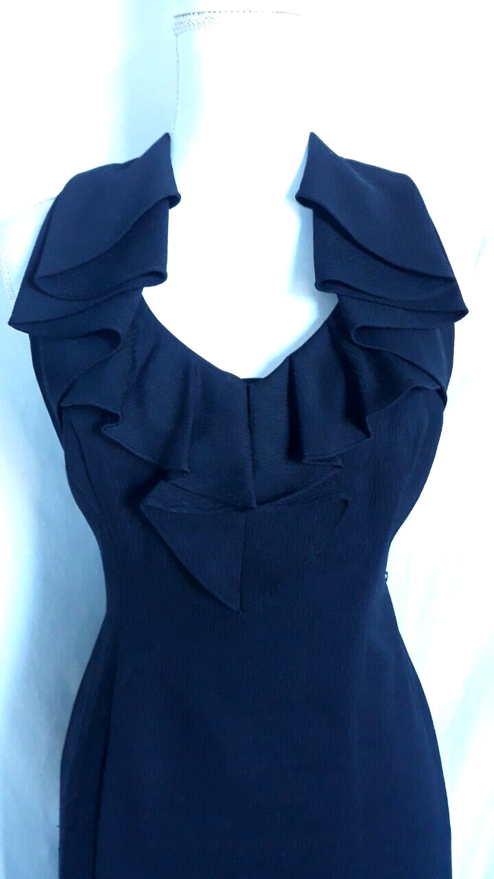 Kasper Pleated Ruffle V Neck Sleeveless Women’s Sheath Dress Size 6 Lined Black