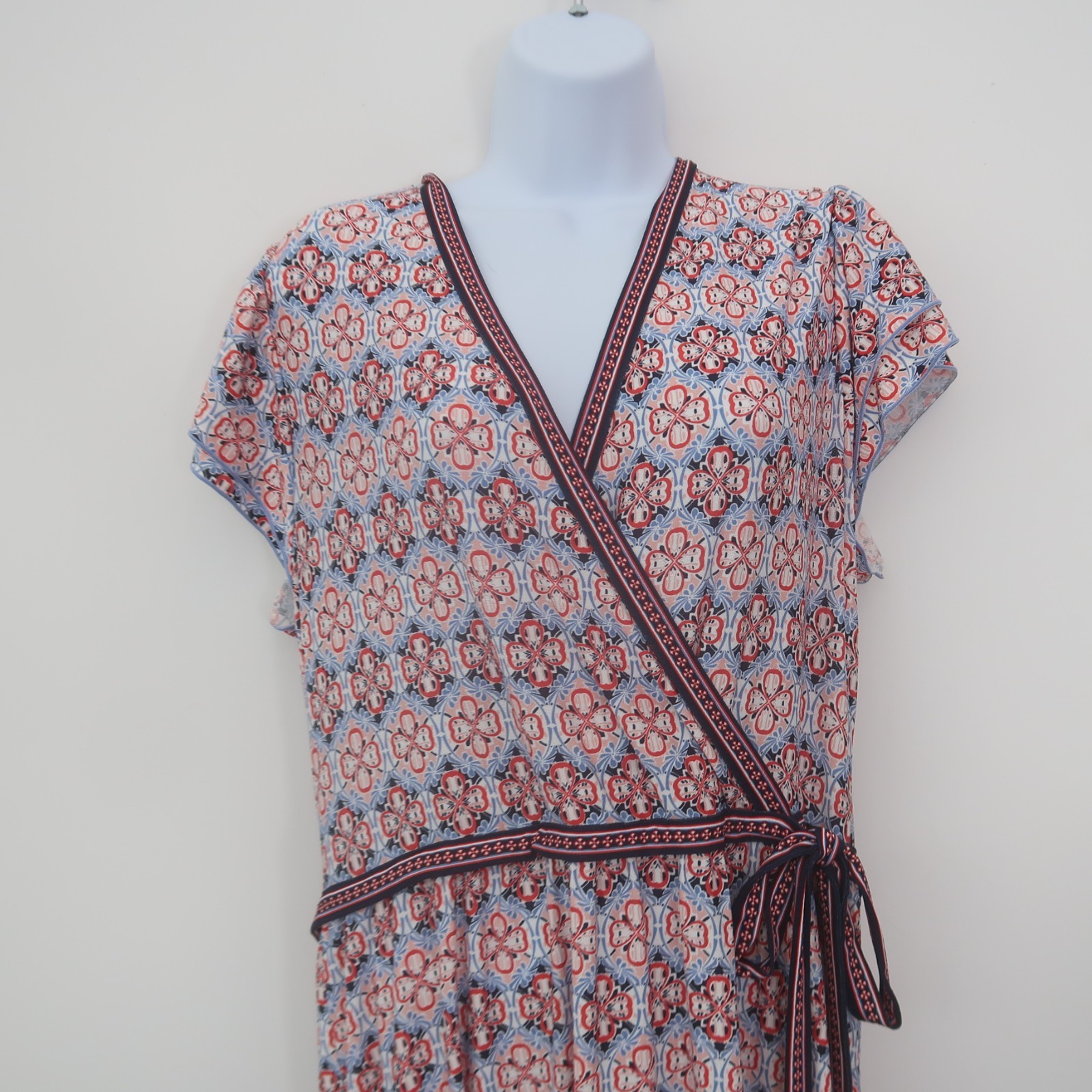 Max Studio Faux Wrap Midi Dress Size XL Boho Non Wrinkle Print Short Sleeve NWT