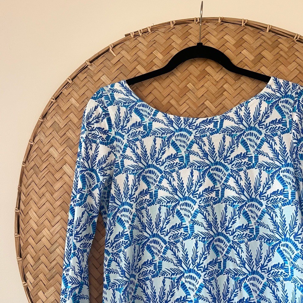 WOMEN’S LILY PULITZER TROPICAL PALM TREE VACATION BAY DRESS IN WHISPER BLUE
