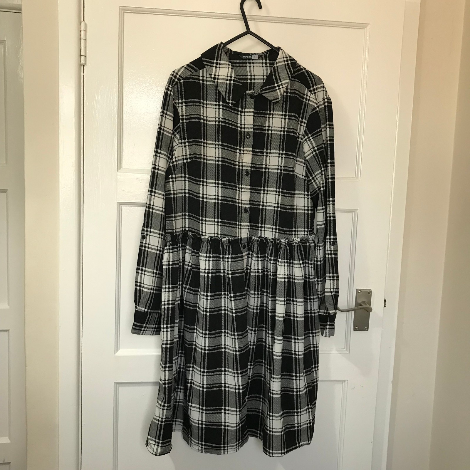 Pep&Co Black White Check Shirt Dress Size 8 Button Down Long Sleeve