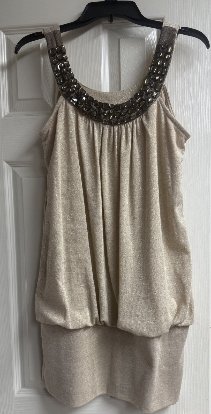 Vintage Bodycon Bubble Mini Dress Drop Waist XL Metallic Gold Stretch Club Wear