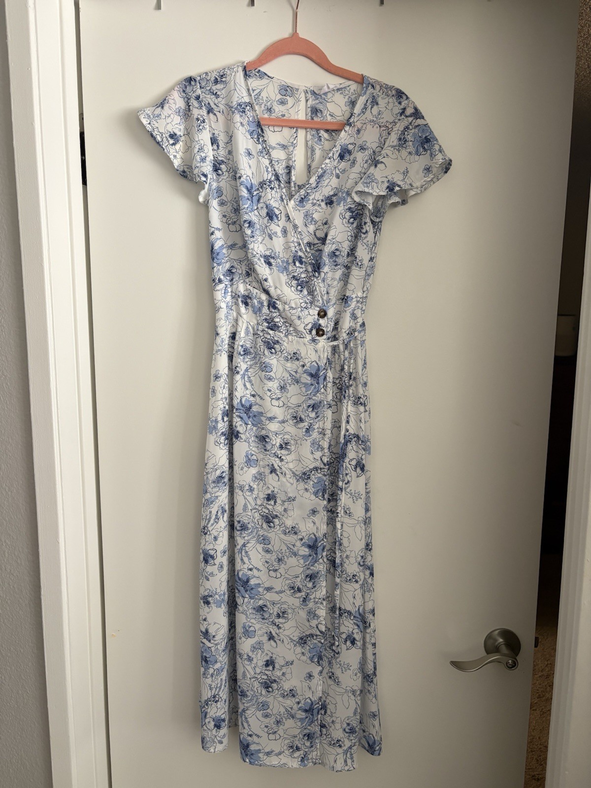 Sienna Sky Blue White Floral Wrap Dress V-Neck Fairy Short Sleeve Midi XS