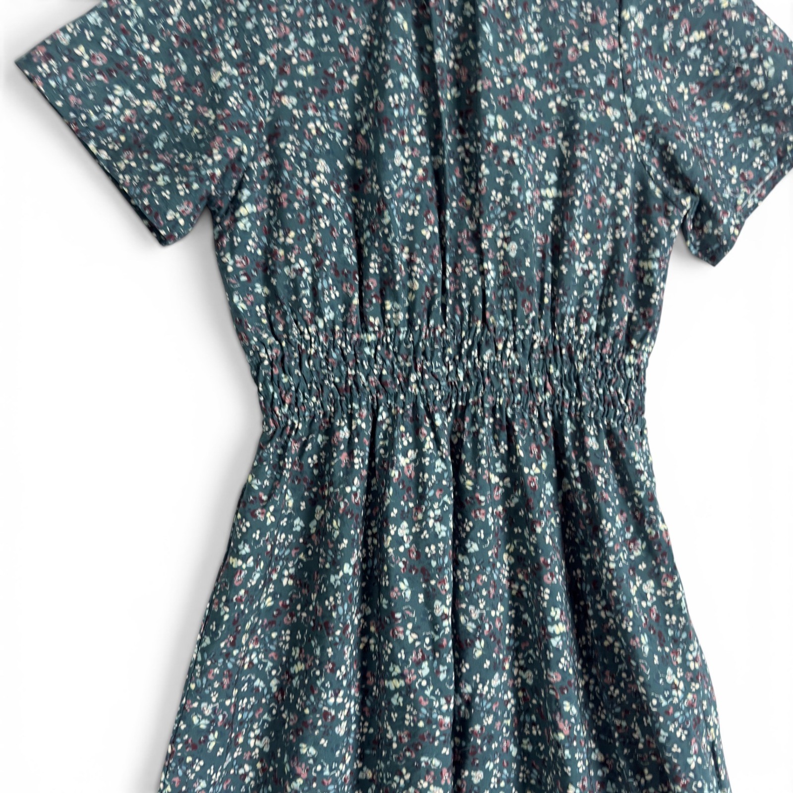 Marine Layer Annika Floral Button Front Midi Dress Green Tencel XS Smocked Waist