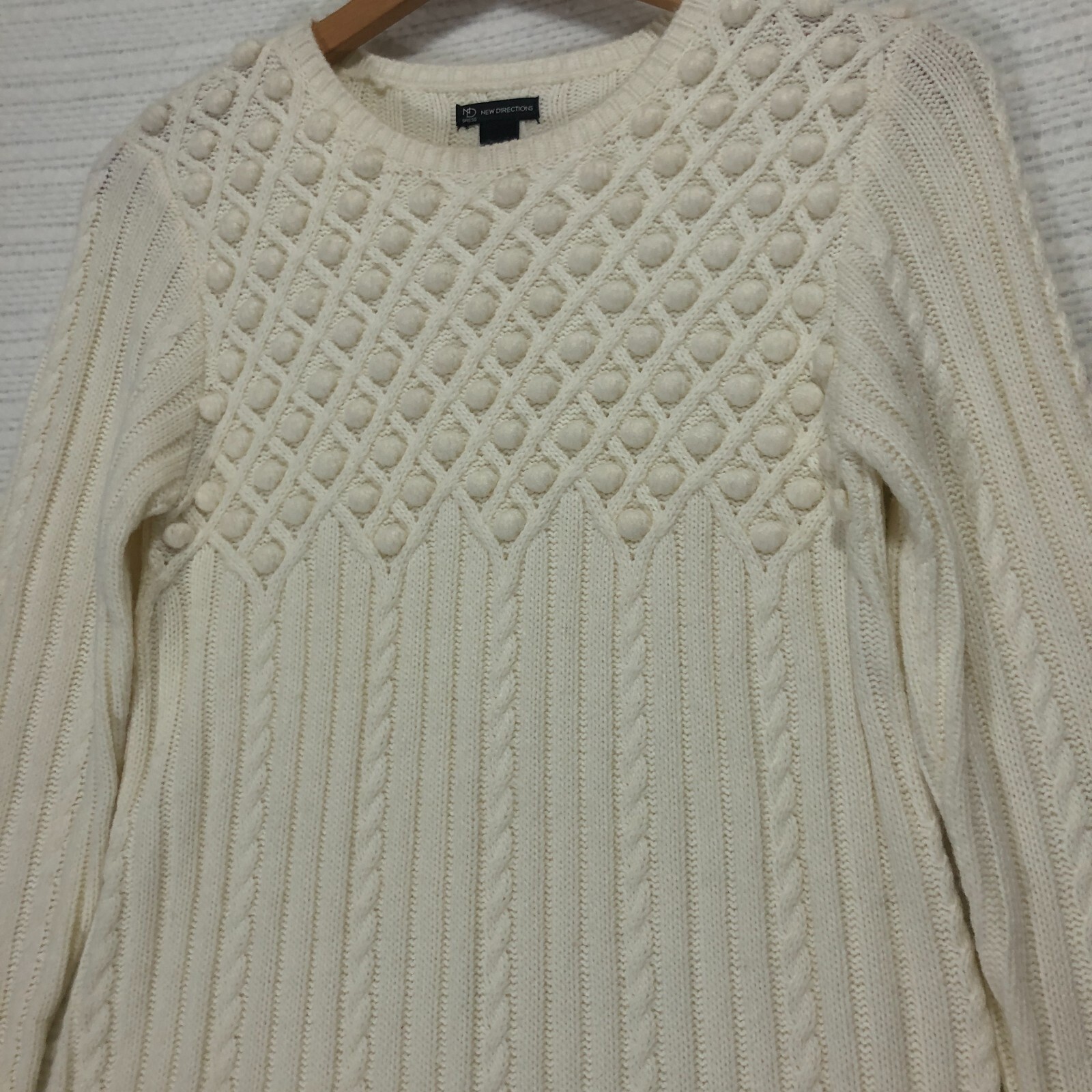 New Directions Cream Cable Knit Pom Pom Bobble Sweater Dress Small Ivory Mini